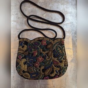 💙 🩷 🤎 Vintage Purse Beaded Crossbody Bag Floral Design Colorful